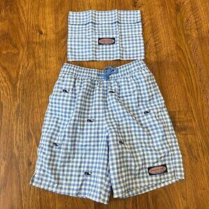 Vineyard Vines gingham plaid whale embroidered Swim Trunks